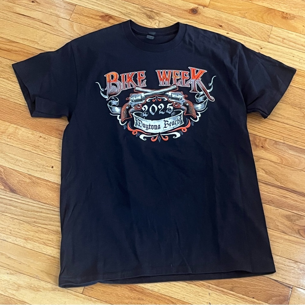 Gildan Black Bike Week Daytona Beach Skull Graphic Tee with Orange Accents - Picture 2 of 9